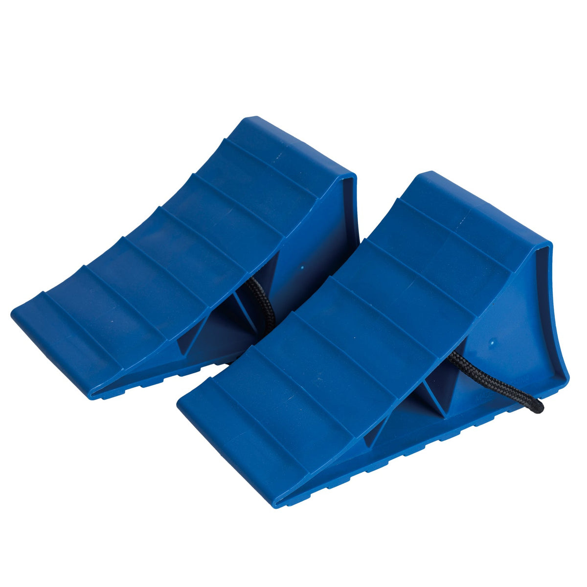 Pair of blue Companion polypropylene caravan wheel chocks with cord loops