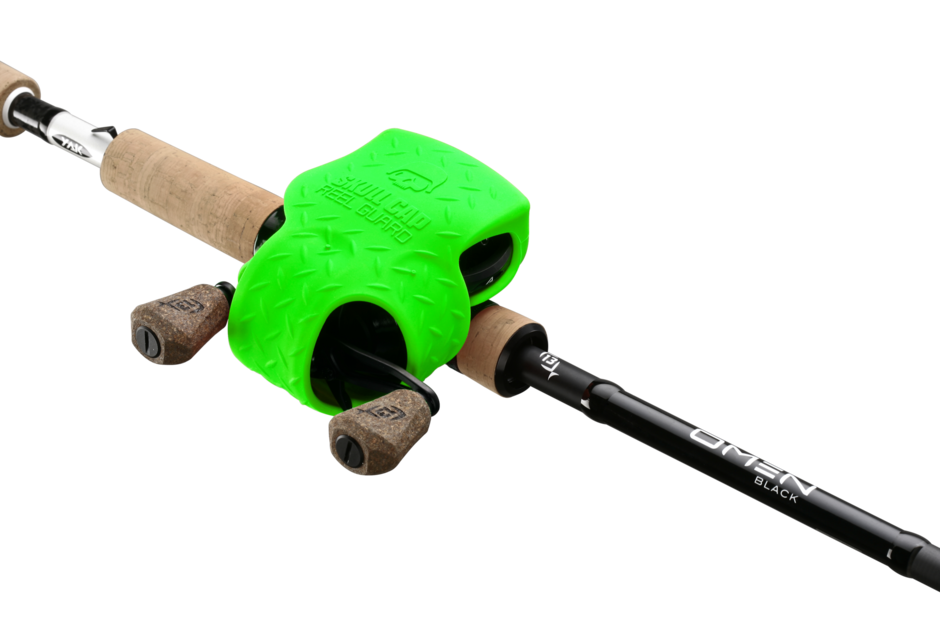 13 Fishing Skull Cap Reel Guard, Lime Green (SC-C2-L), shown fitted to a rod and reel