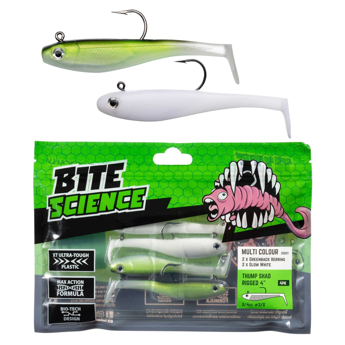 Bite Science Thump Shad 4in 4 Pack - Greenback Herring & Glow White