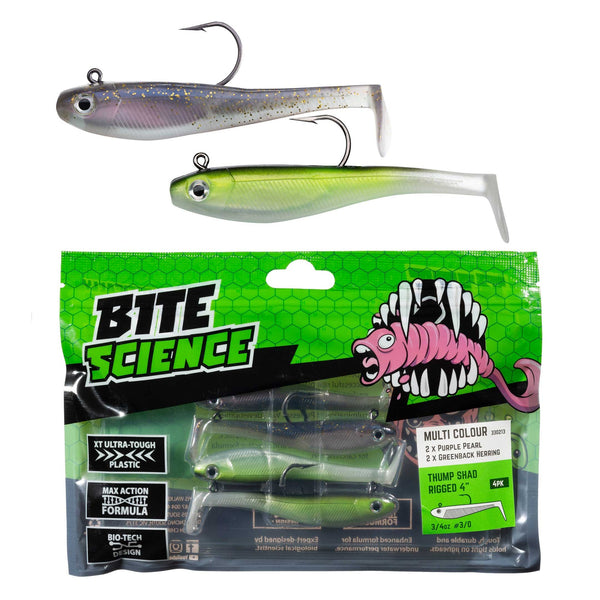 Bite Science Thump Shad 4in 4 Pack - Purple Pearl & Greenback Herring