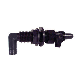 Black 90-degree aerator spray head with threaded body and shut-off valve
