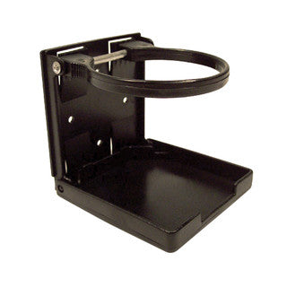 Black adjustable folding drink holder open, with circular retainer and lower tray