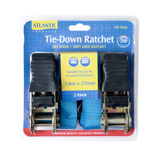 Atlantic ATL1825 two-pack of blue 25mm x 1.8m ratchet transom tie-down straps