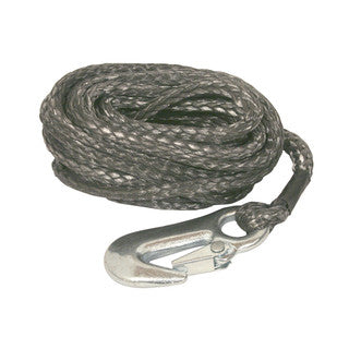 Coiled grey Spectra winch rope with metal snap hook