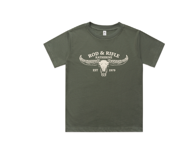 Rod and Rifle Buffalo Shirt in Cypress, kids' sizes, front view of exact Wild Creek supplier mock-up