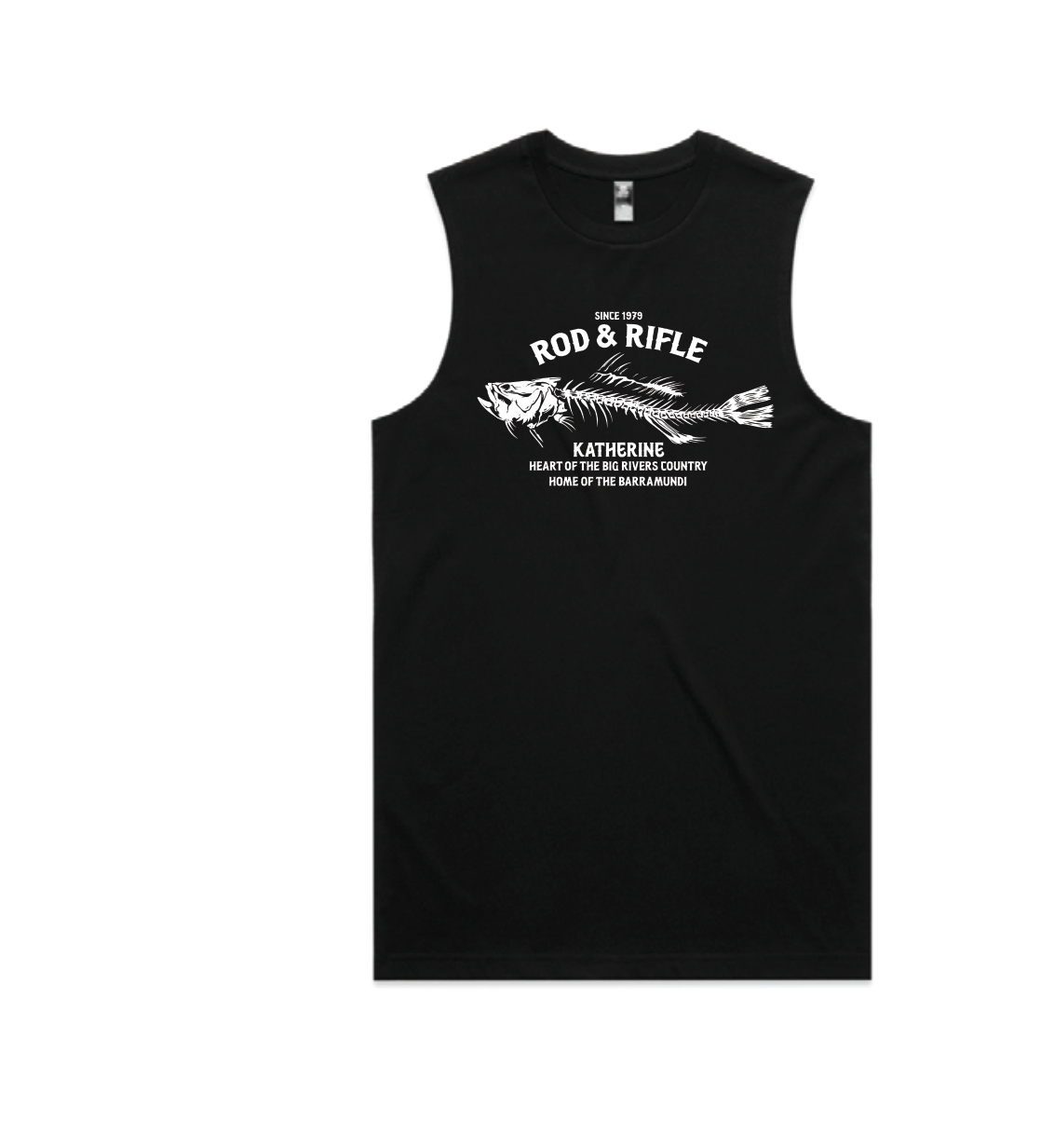Rod and Rifle Barra Skeleton Tank in Black, front view of exact Wild Creek supplier mock-up