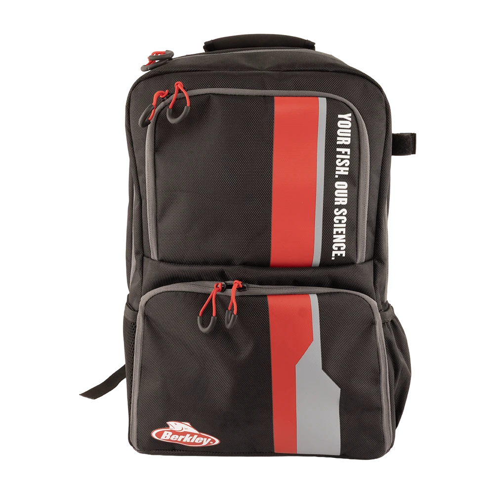Berkley tackle backpack with four tackle trays, red and black