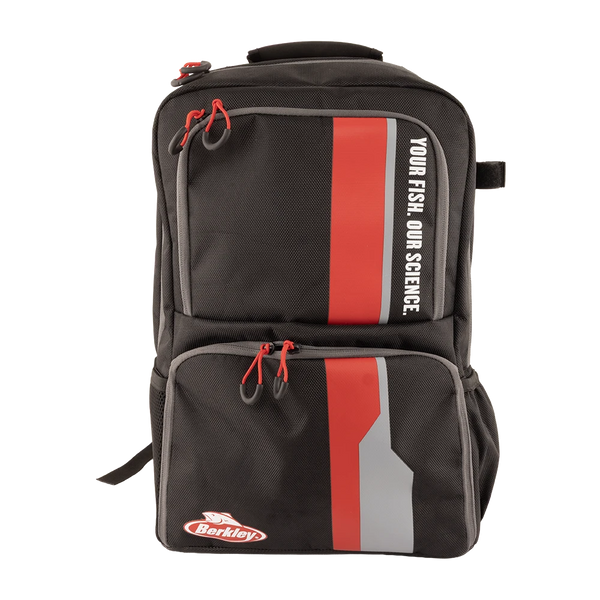 Berkley tackle backpack with four tackle trays, red and black