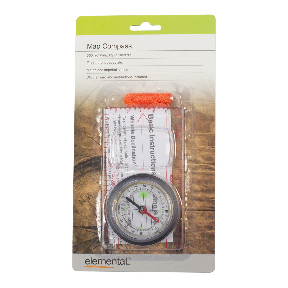 Elemental Map Compass in retail packaging with transparent baseplate and orange lanyard