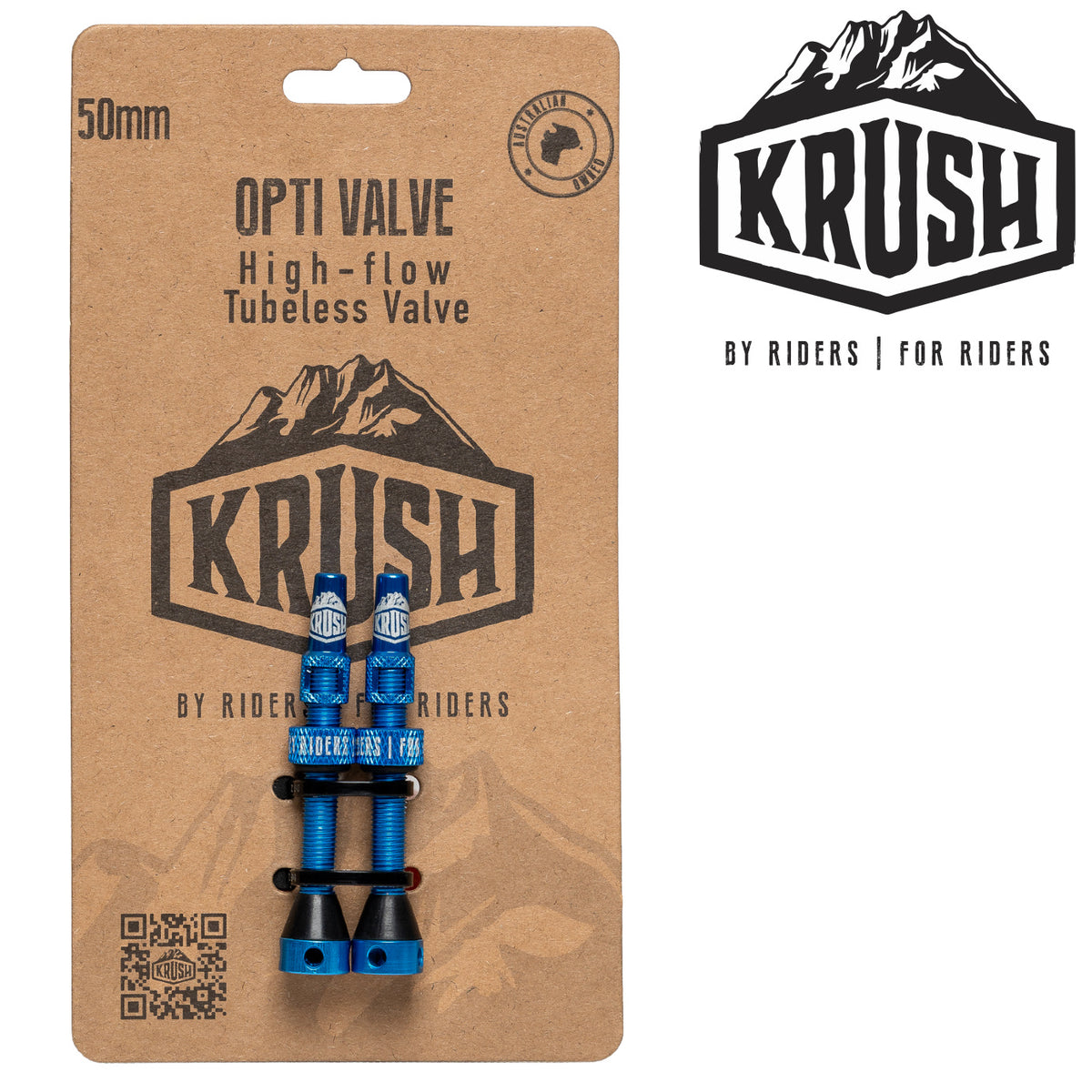 Krush Opti-Valve blue 50 mm Presta tubeless valves, pair in original packaging