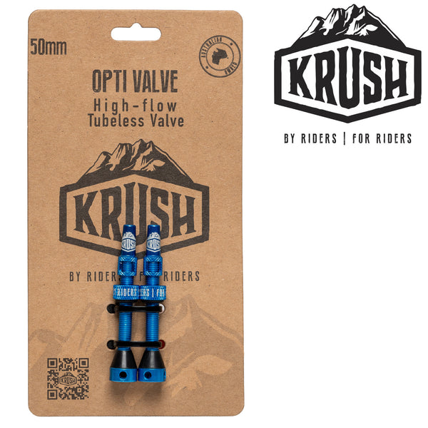 Krush Opti-Valve blue 50 mm Presta tubeless valves, pair in original packaging