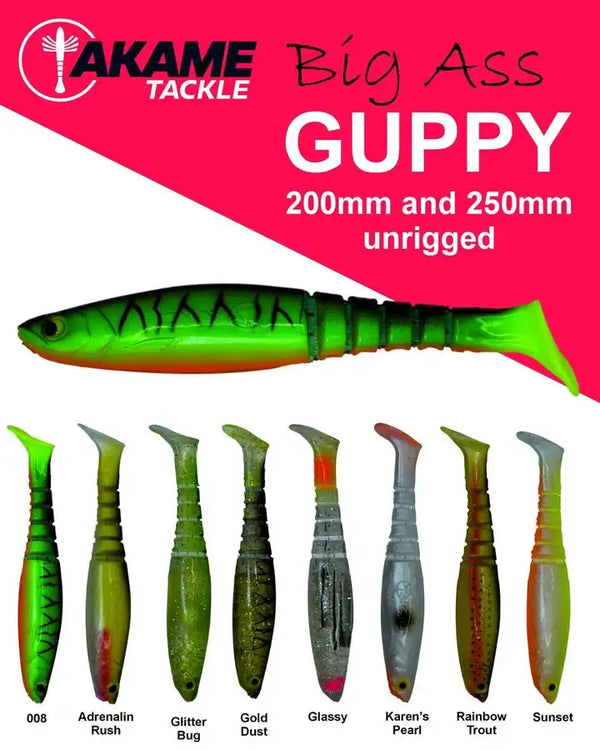 Akame Guppy manufacturer colour chart for the 200mm and 250mm unrigged models, showing all eight named colours. This product listing is for the 200mm model.