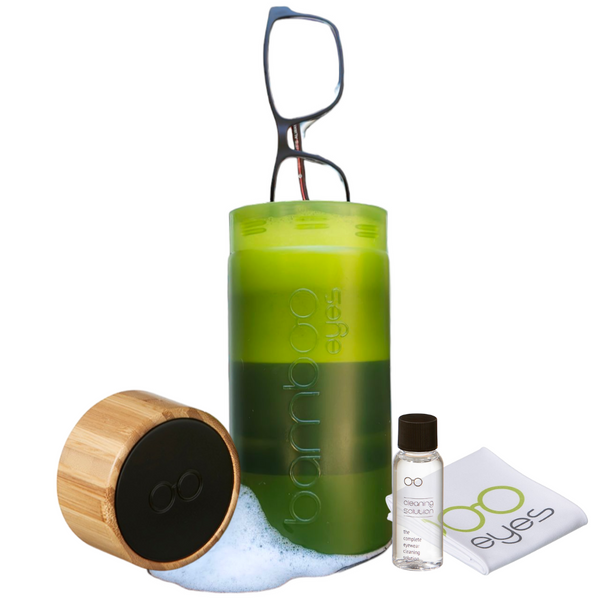 Bamboo Eyes Spec Shaker Kit with cleaning solution and cloth; glasses shown for demonstration