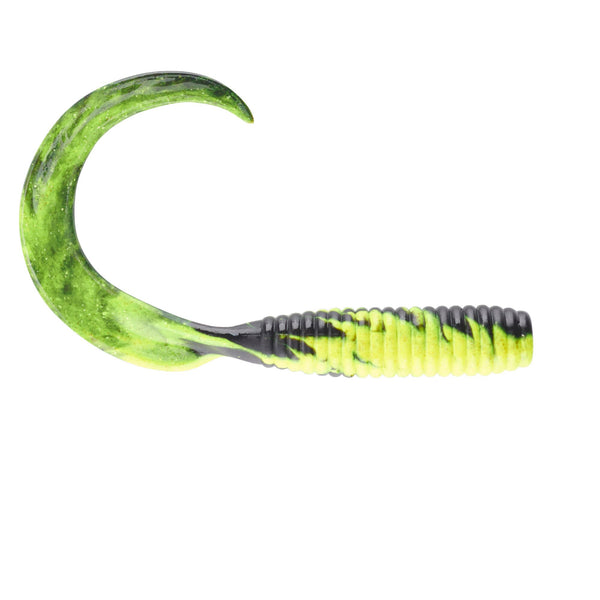 Berkley Gulp grub, Black Chartreuse Fuze (manufacturer shared-size colour illustration)