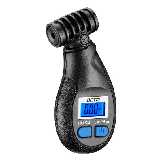 Beto CTG-008 digital tyre pressure gauge with blue display and dual valve head