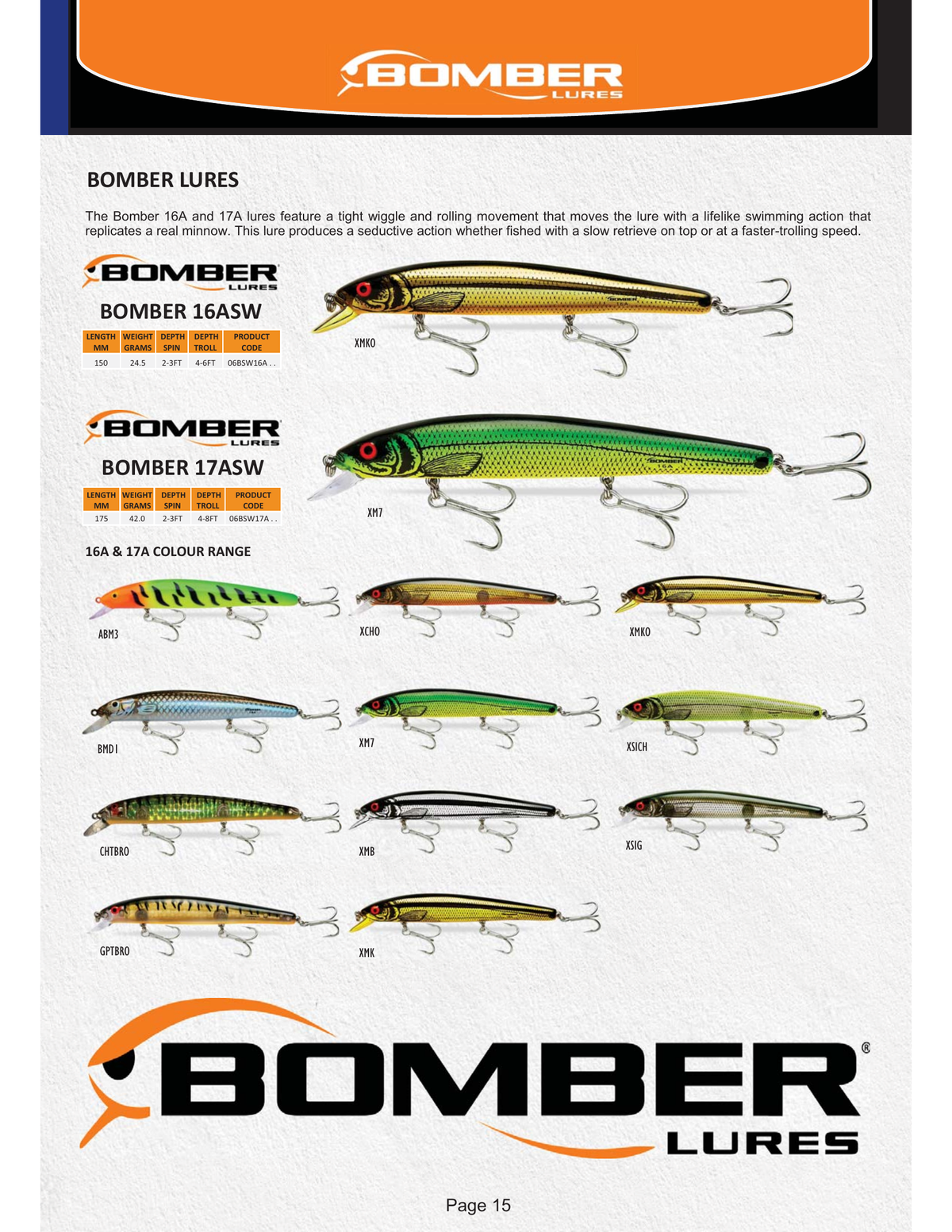 JM Gillies 2025 supplier chart: Bomber 16A 150mm and 17A 175mm colour range, including CHTBRO