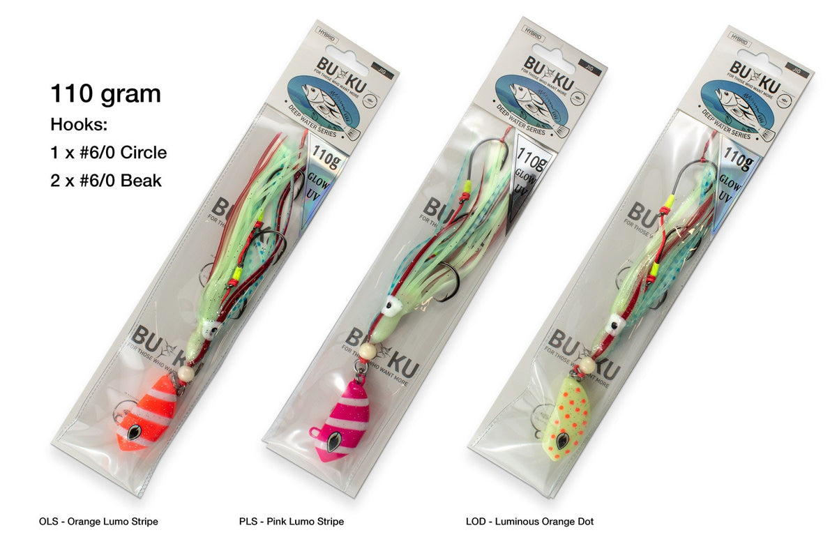 Buku SnapBait 110g colour chart: OLS Orange Lumo Stripe, PLS Pink Lumo Stripe, LOD Luminous Orange Dot. Colour reference; jigs sold individually.