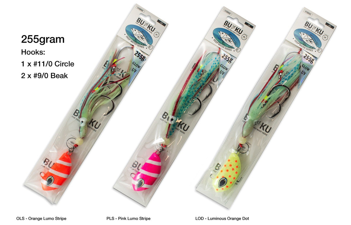 Buku SnapBait 255g colour chart: OLS Orange Lumo Stripe, PLS Pink Lumo Stripe, LOD Luminous Orange Dot. Colour reference; jigs sold individually.