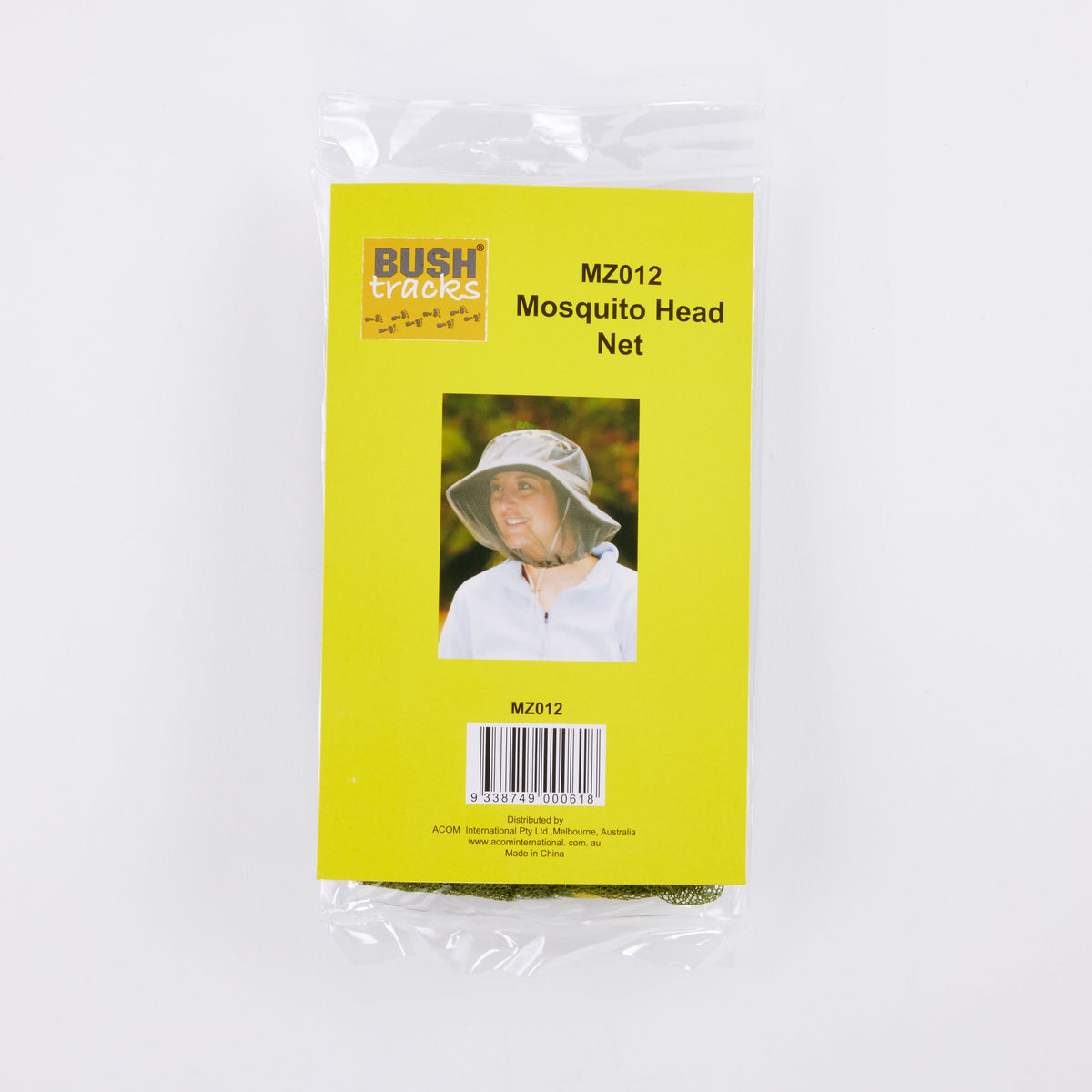 Bush Tracks MZ012 mosquito head net in retail packaging, barcode 9338749000618
