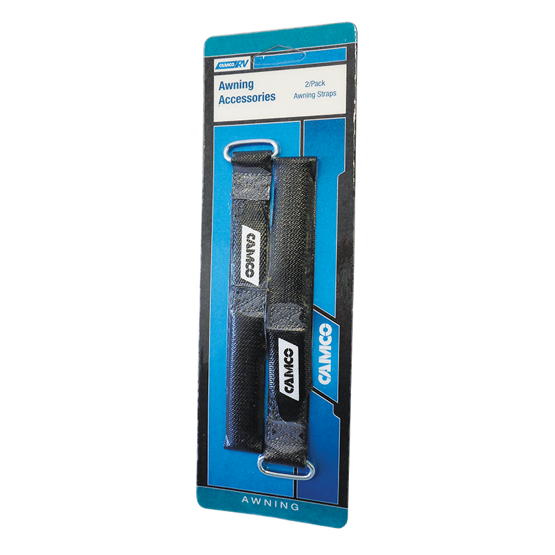 Camco awning straps in a two-pack with black hook-and-loop straps and metal loops