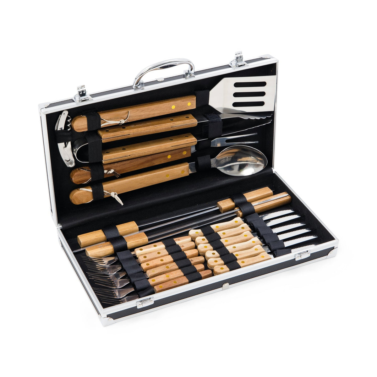 Campfire 22-piece barbecue set with acacia wood handles in an open aluminium carry case