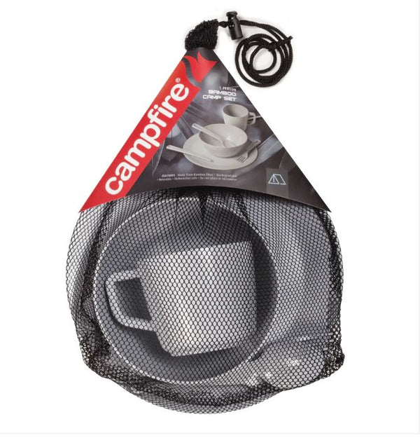 Campfire 727634BL grey one-person bamboo camp set in its mesh storage bag