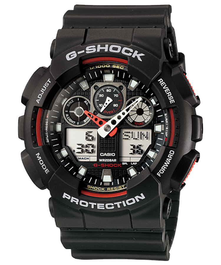 Casio G-SHOCK GA-100-1A4 in black with red dial accents