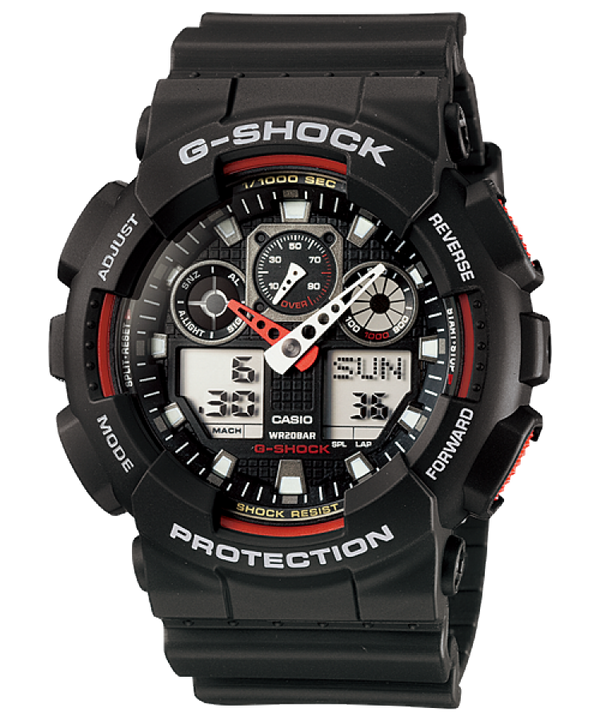 Casio G-SHOCK GA-100-1A4 in black with red dial accents
