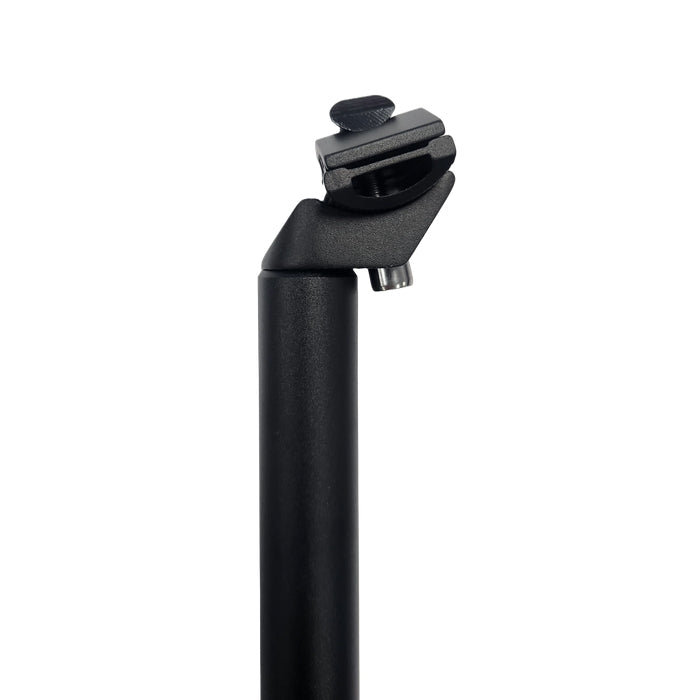 Black 27.2 mm micro-adjust alloy seatpost, close-up of the saddle clamp