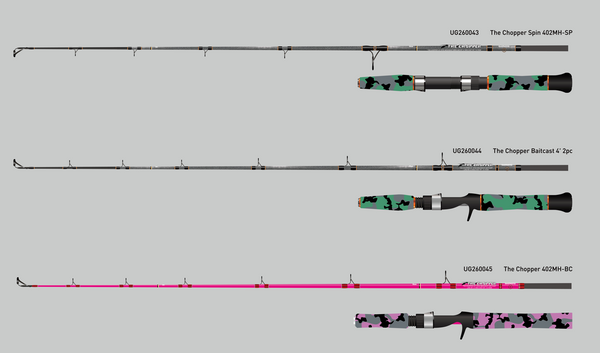 Supplier artwork showing the Chopper two-piece range: Green Spin, Green Baitcast and Pink Baitcast. Not a photograph of an assembled combo.