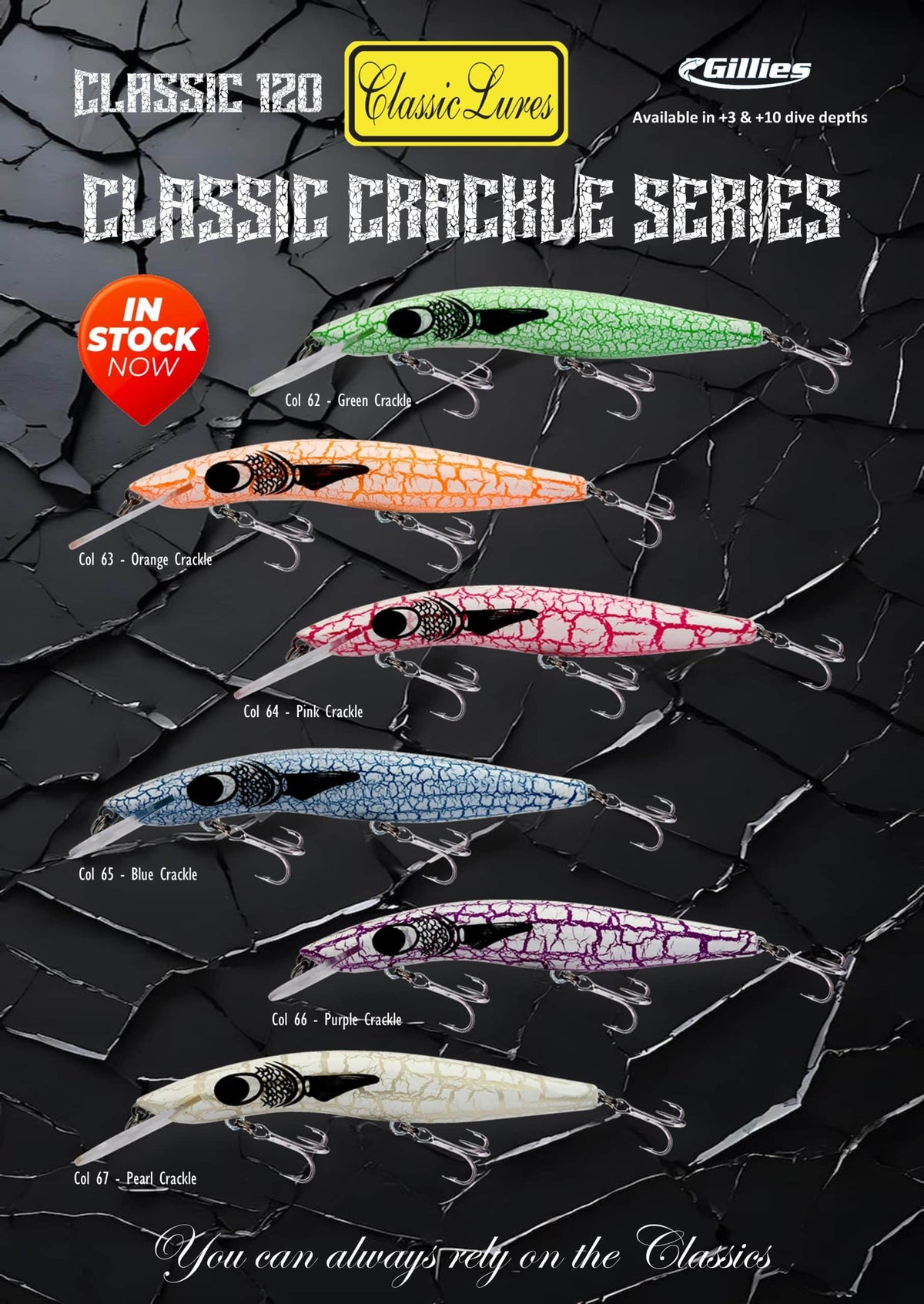 Gillies Classic 120 Crackle Series colour chart: 62 Green, 63 Orange, 64 Pink, 65 Blue, 66 Purple and 67 Pearl. Supplier range chart for +3 and +10 models.