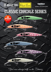 Gillies Classic 120 Crackle Series colour chart: 62 Green, 63 Orange, 64 Pink, 65 Blue, 66 Purple and 67 Pearl. Supplier range chart for +3 and +10 models.
