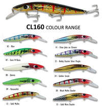 JM Gillies Classic 160 representative colour chart, including 12 Gold Mullet Dazzler. Shared family chart for +3 and +10 models; not a depth-specific photograph.