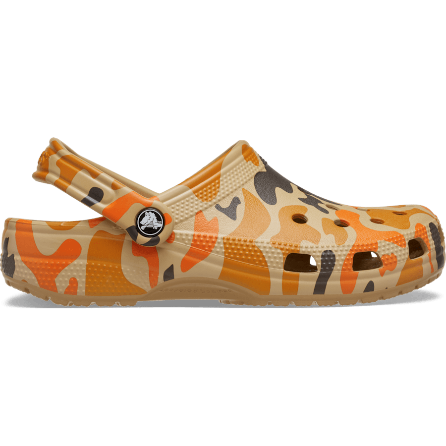 Crocs Classic Duck Camo Clog in Tan/Shocking Orange, side view, model 214293-2NW