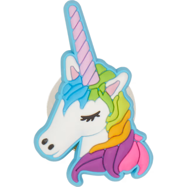 Crocs Jibbitz Unicorn - White unicorn head with multicoloured mane and pink horn, blue outline