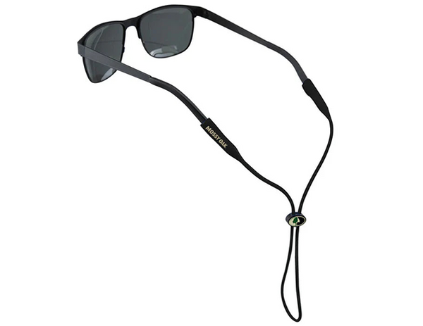 Cablz Mossy Oak silicone eyewear retainer in black shown fitted to sunglasses