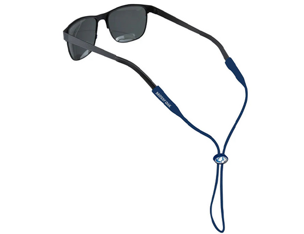 Cablz Mossy Oak silicone eyewear retainer in blue shown fitted to sunglasses