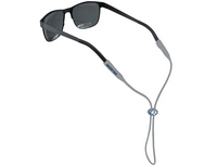 Cablz Mossy Oak silicone eyewear retainer in grey shown fitted to sunglasses