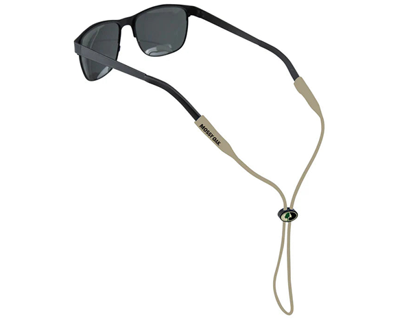 Cablz Mossy Oak silicone eyewear retainer in khaki shown fitted to sunglasses