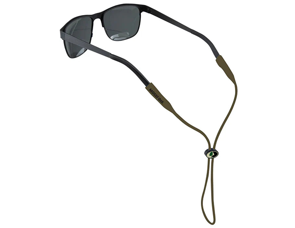 Cablz Mossy Oak silicone eyewear retainer in olive shown fitted to sunglasses