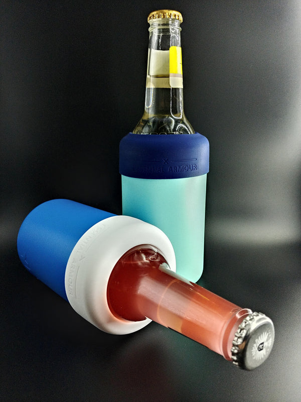 Essential Armour silicone stubby holsters in use; colour examples, drinkware and bottles not included