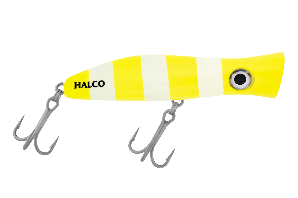 Halco Roosta Popper 105 mm in R13 Barred Banana. Yellow and cream vertical bars with a cupped popper head.