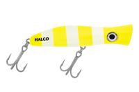 Halco Roosta Popper 105 mm in R13 Barred Banana. Yellow and cream vertical bars with a cupped popper head.
