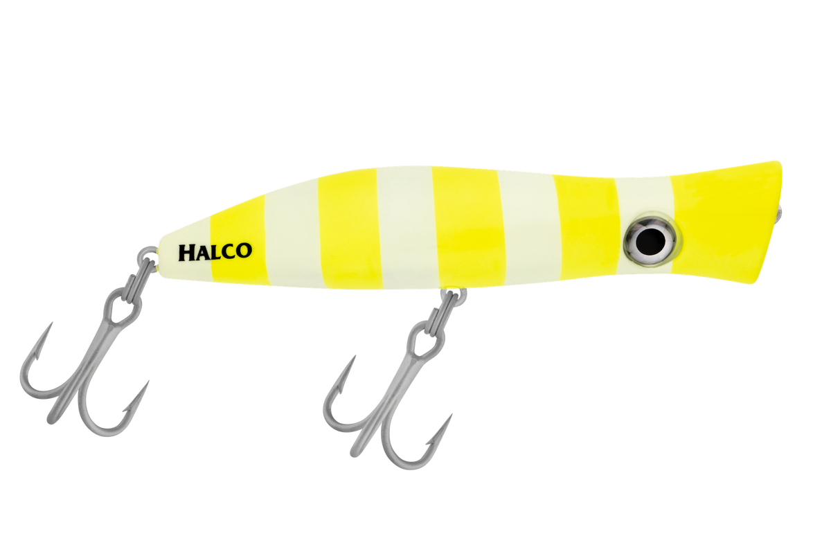 Halco Roosta Popper 135 mm in R13 Barred Banana. Yellow and cream vertical bars with a cupped popper head.