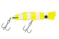 Halco Roosta Popper 135 mm in R13 Barred Banana. Yellow and cream vertical bars with a cupped popper head.