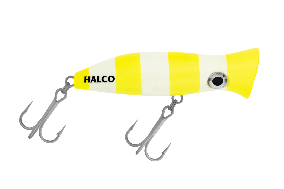 Halco Roosta Popper 80 mm in R13 Barred Banana. Yellow and cream vertical bars with a cupped popper head.