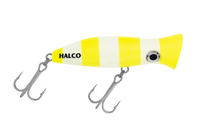 Halco Roosta Popper 80 mm in R13 Barred Banana. Yellow and cream vertical bars with a cupped popper head.