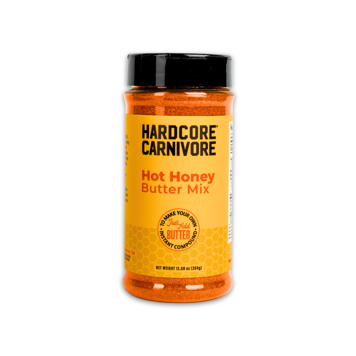 Hardcore Carnivore Hot Honey Butter seasoning, 12.50 oz (354g) shaker. Manufacturer front-label photograph.