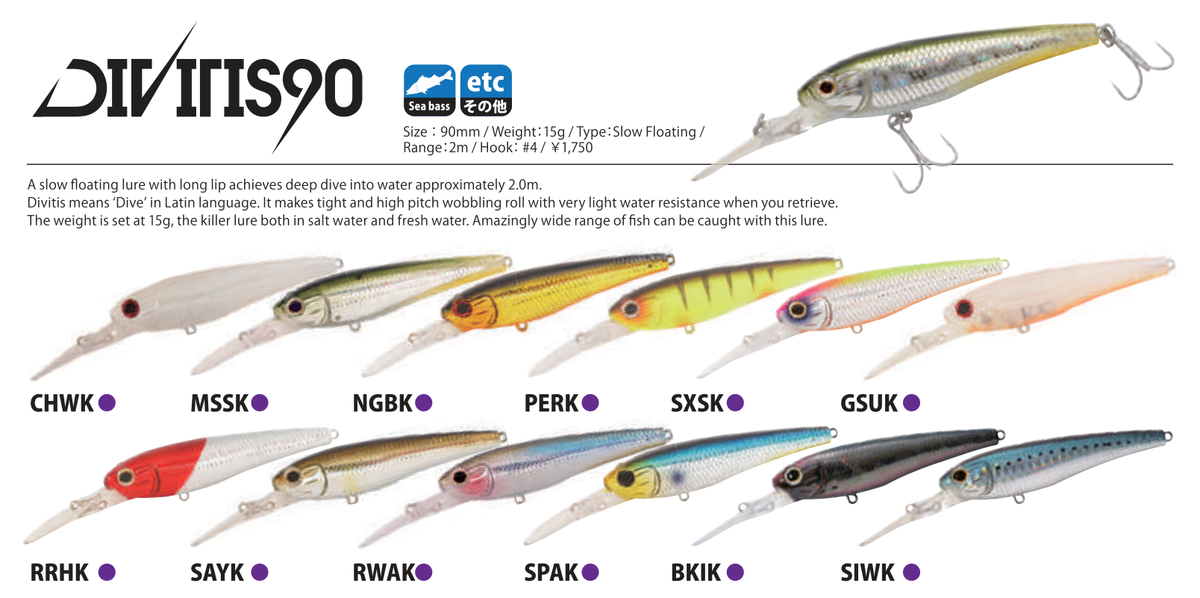 Jackson Divitis 90 manufacturer colour chart – 90mm, 15g slow-floating model, includes SAYK