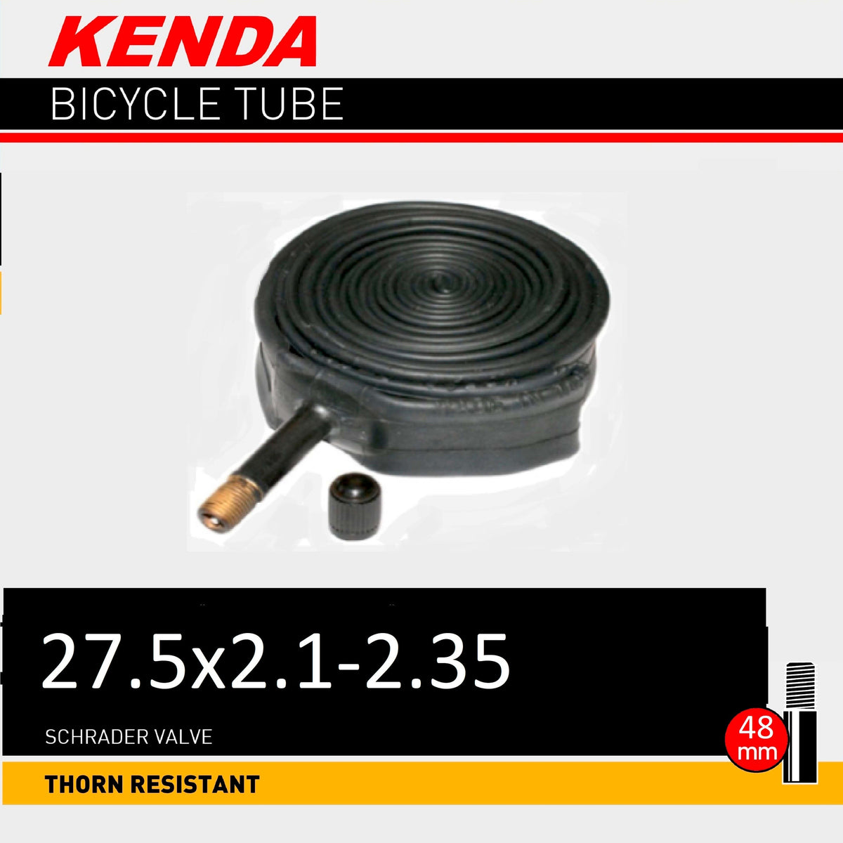 Kenda thorn-resistant tube, 27.5 x 2.10–2.35, 48 mm Schrader valve. One tube illustrated; listing contains two.